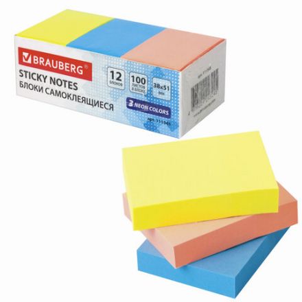 Блоки самоклеящиеся (стикеры) BRAUBERG 38х51 мм, 100 листов, НАБОР 12 штук, 3 неоновых цвета, 111345 Блоки самоклеящиеся (стикеры) BRAUBERG 38х51 мм, 100 листов, НАБОР 12 штук, 3 неоновых цвета, 111345