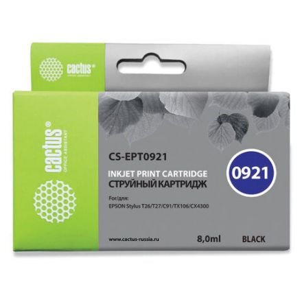 Картридж струйный CACTUS (CS-EPT0921) для EPSON Stylus C91/CX4300/T26/T27/TX106, черный Картридж струйный CACTUS (CS-EPT0921) для EPSON Stylus C91/CX4300/T26/T27/TX106, черный