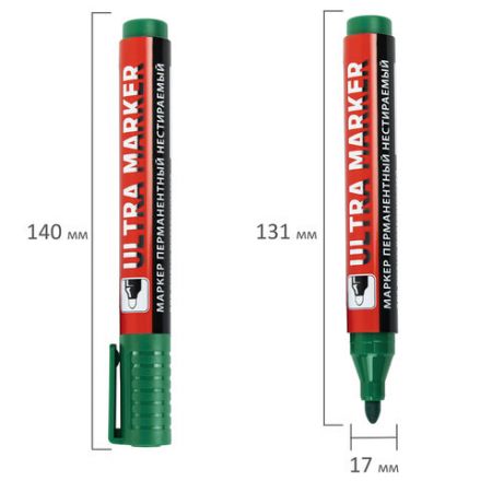 Маркер перманентный ULTRA MARKER, ЗЕЛЕНЫЙ, 3,5 мм, с клипом, BRAUBERG, 152207 Маркер перманентный ULTRA MARKER, ЗЕЛЕНЫЙ, 3,5 мм, с клипом, BRAUBERG, 152207