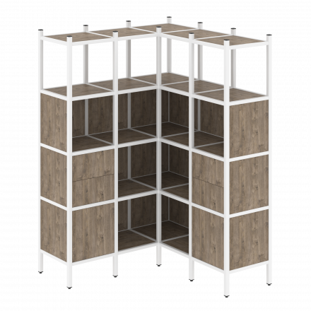 Loft Угловой внутренний стеллаж наборный VR.L-33 Тиквуд тёмный/Белый металл 1278*1278*1869