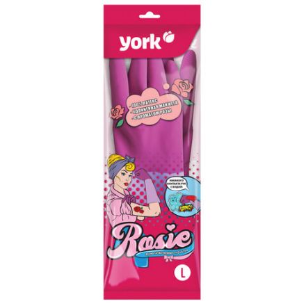 Перчатки МНОГОРАЗОВЫЕ резиновые YORK "Роза", хлопчатобумажное напыление, ПРОЧНЫЕ, размер 8-9, L (большой), розовые, вес 75 г, 92680