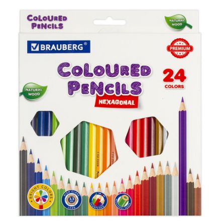 Карандаши цветные BRAUBERG PREMIUM, 24 цвета, шестигранные, грифель 3,3 мм, натуральное дерево, 181658 Карандаши цветные BRAUBERG PREMIUM, 24 цвета, шестигранные, грифель 3,3 мм, натуральное дерево, 181658