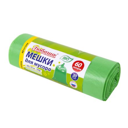 Мешки для мусора биоразлагаемые 60 л, зеленые, рулон 20 шт., ПНД 15 мкм, 60х70 см, ЛЮБАША, 608099 Мешки для мусора биоразлагаемые 60 л, зеленые, рулон 20 шт., ПНД 15 мкм, 60х70 см, ЛЮБАША, 608099