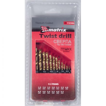 Набор сверл по металлу Matrix 13шт, 1,5-6,5мм, НSS, нитридтитан (72386) Набор сверл по металлу Matrix 13шт, 1,5-6,5мм, НSS, нитридтитан (72386)