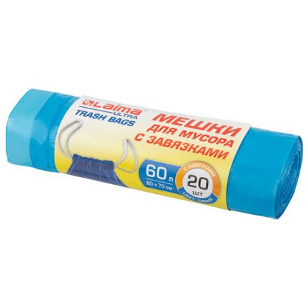 Мешки для мусора с завязками LAIMA "ULTRA" 60 л, синие, рулон 20 шт., прочные, ПНД 18 мкм, 60х70 см, 607692 Мешки для мусора с завязками LAIMA "ULTRA" 60 л, синие, рулон 20 шт., прочные, ПНД 18 мкм, 60х70 см, 607692