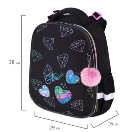 Ранец BRAUBERG LUMINOUS, 2 отделения, с брелоком, "Diamonds", СВЕТЯЩИЙСЯ РИСУНОК, 38х29х16 см, 272070