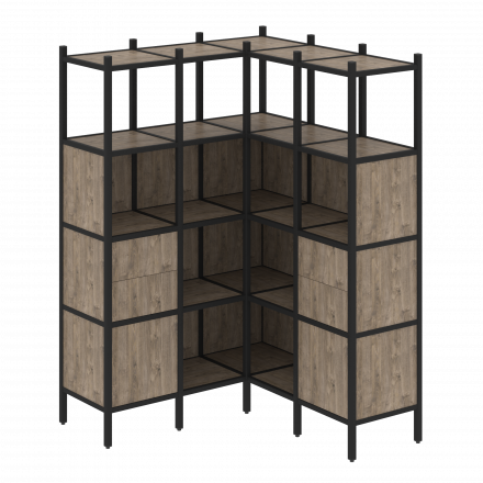 Loft Угловой внутренний стеллаж наборный VR.L-33 Тиквуд тёмный/Чёрный металл 1278*1278*1869