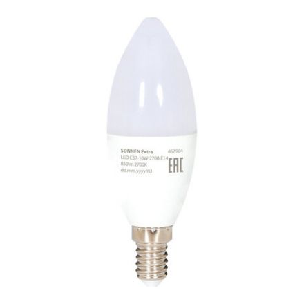 Лампа светодиодная SONNEN EXTRA, 10 (85) Вт, Е14, свеча, теплый белый, 30000 ч, LED C37-10W-2700-Е14, 457904 Лампа светодиодная SONNEN EXTRA, 10 (85) Вт, Е14, свеча, теплый белый, 30000 ч, LED C37-10W-2700-Е14, 457904