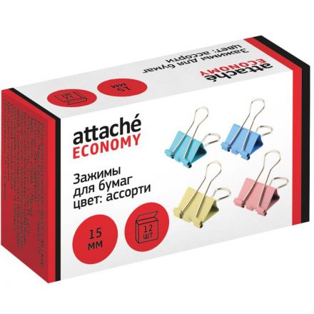 Зажимы для бумаг 15мм, 12 шт/уп Attache Economy, цветные, в карт.коробке Зажимы для бумаг 15мм, 12 шт/уп Attache Economy, цветные, в карт.коробке