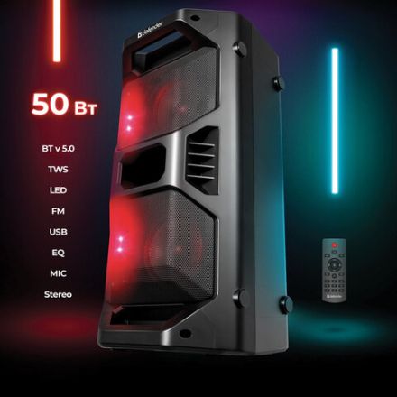 Колонка портативная DEFENDER Rage, 2.0, 50 Вт, Bluetooth, FM-тюнер, microSD, чёрная, 65109 Колонка портативная DEFENDER Rage, 2.0, 50 Вт, Bluetooth, FM-тюнер, microSD, чёрная, 65109