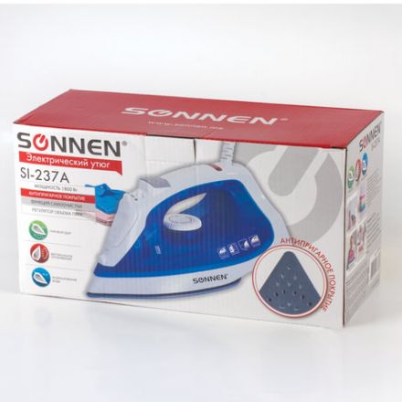 Утюг SONNEN SI-237A, 1800 Вт, антипригарное покрытие, синий/белый, 453504 Утюг SONNEN SI-237A, 1800 Вт, антипригарное покрытие, синий/белый, 453504