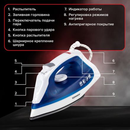 Утюг SONNEN SI-237A, 1800 Вт, антипригарное покрытие, синий/белый, 453504 Утюг SONNEN SI-237A, 1800 Вт, антипригарное покрытие, синий/белый, 453504