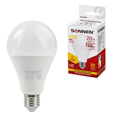 Лампа светодиодная SONNEN, 20 (150) Вт, цоколь Е27, груша, теплый белый, 30000 ч, LED A80-20W-2700-E27, 454921 Лампа светодиодная SONNEN, 20 (150) Вт, цоколь Е27, груша, теплый белый, 30000 ч, LED A80-20W-2700-E27, 454921
