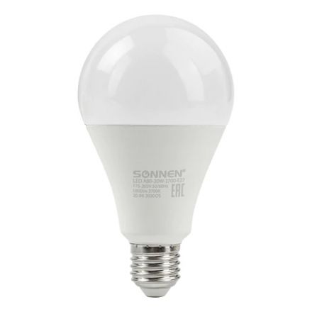 Лампа светодиодная SONNEN, 20 (150) Вт, цоколь Е27, груша, теплый белый, 30000 ч, LED A80-20W-2700-E27, 454921 Лампа светодиодная SONNEN, 20 (150) Вт, цоколь Е27, груша, теплый белый, 30000 ч, LED A80-20W-2700-E27, 454921