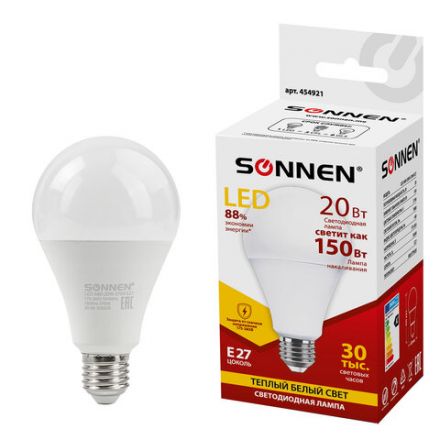 Лампа светодиодная SONNEN, 20 (150) Вт, цоколь Е27, груша, теплый белый, 30000 ч, LED A80-20W-2700-E27, 454921 Лампа светодиодная SONNEN, 20 (150) Вт, цоколь Е27, груша, теплый белый, 30000 ч, LED A80-20W-2700-E27, 454921