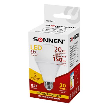 Лампа светодиодная SONNEN, 20 (150) Вт, цоколь Е27, груша, теплый белый, 30000 ч, LED A80-20W-2700-E27, 454921 Лампа светодиодная SONNEN, 20 (150) Вт, цоколь Е27, груша, теплый белый, 30000 ч, LED A80-20W-2700-E27, 454921