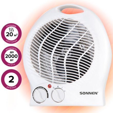 Тепловентилятор SONNEN F-200, 1000/2000 Вт, 2 режима работы, белый, 453493