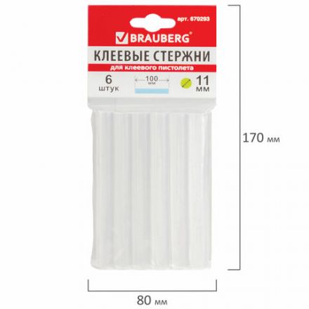 Клеевые стержни, диаметр 11 мм, длина 100 мм, прозрачные, комплект 6 шт., BRAUBERG, европодвес, 670293 Клеевые стержни, диаметр 11 мм, длина 100 мм, прозрачные, комплект 6 шт., BRAUBERG, европодвес, 670293