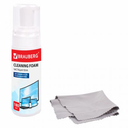 Чистящий набор для экранов всех типов и оптики BRAUBERG, комплект салфетка и пена 180 мл, 511693 Чистящий набор для экранов всех типов и оптики BRAUBERG, комплект салфетка и пена 180 мл, 511693