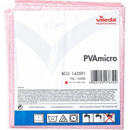 Салфетки хозяйственные Vileda Professional ПВАмикро микроволокно/ПВА покрытие 38x35 см красные 5 штук в упаковке (арт. производителя 143591)