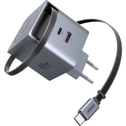 Зарядное устройство UGREEN X615(65825)выдв каб,65W GaN,USB-C&A,серый космос