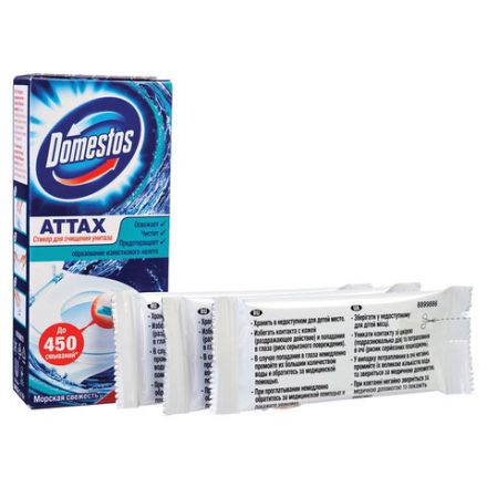 Освежитель/очиститель для унитаза/писсуара КОМПЛЕКТ 3 шт. х 10 г ДОМЕСТОС Attax, "Морская Свежесть", стикер