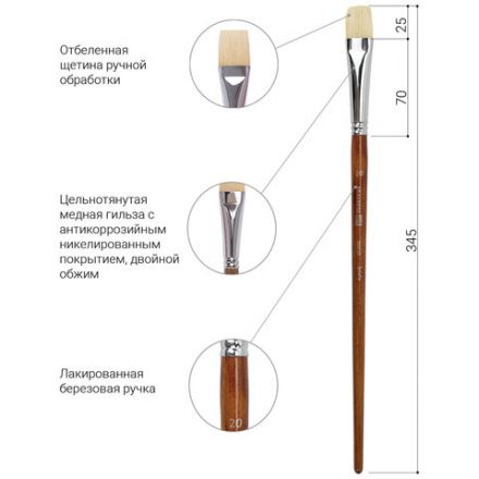 Кисть художественная профессиональная BRAUBERG ART CLASSIC, щетина, плоская, № 20, длинная ручка, 200722