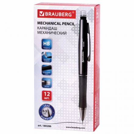 Карандаш механический 0,5 мм, BRAUBERG "Modern", ластик, резиновый грип, корпус черный, 180286 Карандаш механический 0,5 мм, BRAUBERG "Modern", ластик, резиновый грип, корпус черный, 180286