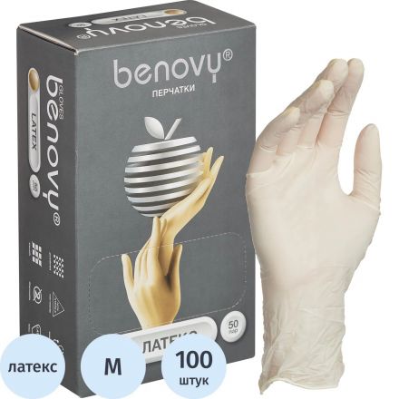 Перчатки мед. смотров. латекс., нестер., с пудрой, Benovy (М) 50 пар/уп