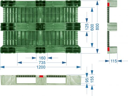 Паллет 1200х800х150 мм (усиленный сплошной на 3-х полозьях) зеленый Паллет 1200х800х150 мм (усиленный сплошной на 3-х полозьях) зеленый