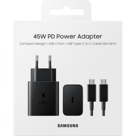 Зарядное устройство сетевое, 45Вт, USB-C+каб, Samsung, чер, EP-T4510XBEGRU Зарядное устройство сетевое, 45Вт, USB-C+каб, Samsung, чер, EP-T4510XBEGRU