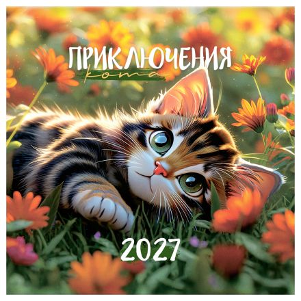Календарь настенный перекидной на скрепке, 290*290 мм 12л. BG "Приключения кота", 2027г.