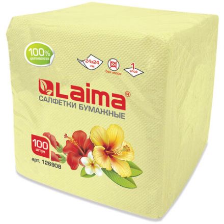 Салфетки бумажные 100 штук, 24х24 см, LAIMA, жёлтые (пастельный цвет), 100% целлюлоза, 126908 Салфетки бумажные 100 штук, 24х24 см, LAIMA, жёлтые (пастельный цвет), 100% целлюлоза, 126908