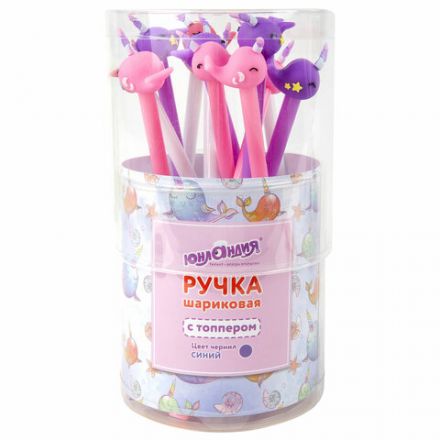 Ручка с топпером шариковая ЮНЛАНДИЯ "Кит-Единорог", корпус ассорти, СИНЯЯ, пишущий узел 0,7 мм, 143783