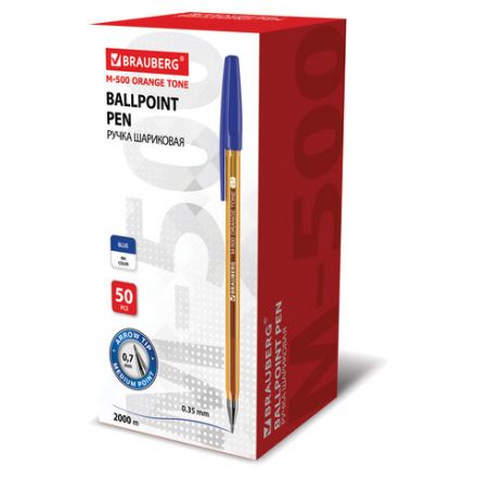 Ручка шариковая BRAUBERG "M-500 ORANGE TONE", СИНЯЯ, корпус тонированный оранжевый, узел 0,7 мм, линия письма 0,35 мм, 143451