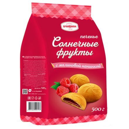 Печенье сдобное БРЯНКОНФИ "Солнечные фрукты" с малиновой начинкой, 500 г, УТ-00030150 Печенье сдобное БРЯНКОНФИ "Солнечные фрукты" с малиновой начинкой, 500 г, УТ-00030150