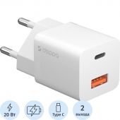 Зарядное устройство сетевое Deppa USB-C+USB-A, PD 3.0, QC 3.0, 20Вт, белый