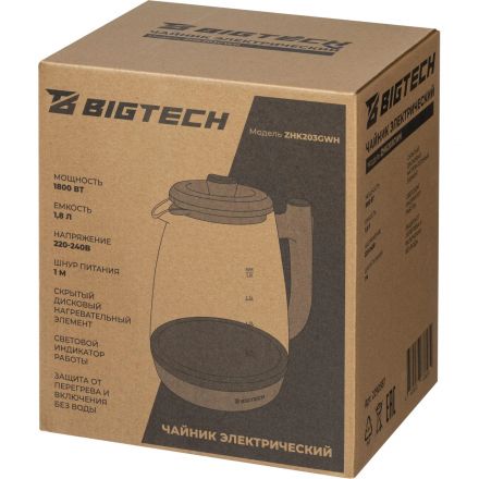 Чайник BigTech ZHK203GWH, бежевый 1,8л.,стекло