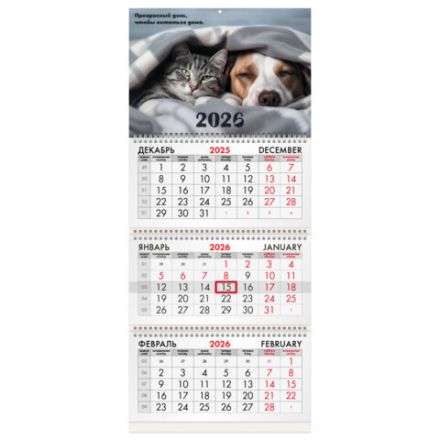 Календарь квартальный на 2026 г., 3 блока, 3 гребня, бегунок, офсет, BRAUBERG, "Домашние любимцы", 116763