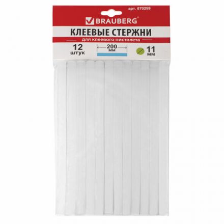 Клеевые стержни, диаметр 11 мм, длина 200 мм, белые, комплект 12 штук, BRAUBERG, европодвес, 670299 Клеевые стержни, диаметр 11 мм, длина 200 мм, белые, комплект 12 штук, BRAUBERG, европодвес, 670299