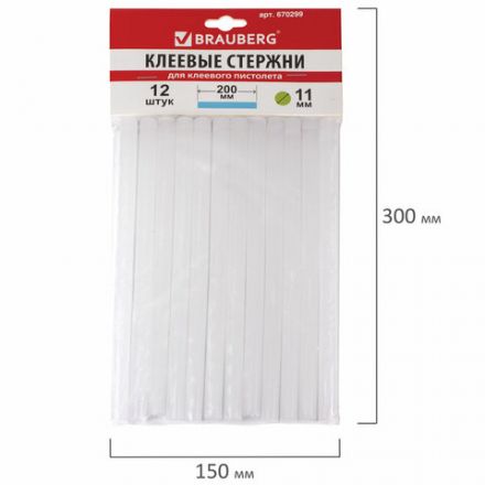 Клеевые стержни, диаметр 11 мм, длина 200 мм, белые, комплект 12 штук, BRAUBERG, европодвес, 670299 Клеевые стержни, диаметр 11 мм, длина 200 мм, белые, комплект 12 штук, BRAUBERG, европодвес, 670299