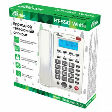 Телефон RITMIX RT-550 white, АОН, спикерфон, память 100 номеров, тональный/импульсный режим, белый, 80002154 Телефон RITMIX RT-550 white, АОН, спикерфон, память 100 номеров, тональный/импульсный режим, белый, 80002154