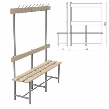 Скамья с вешалкой, спинкой "СВТ 5", 1765х1500х395 мм, 10 крючков, регулируемые опоры, каркас металлический серый, сиденье дерево Скамья с вешалкой, спинкой "СВТ 5", 1765х1500х395 мм, 10 крючков, регулируемые опоры, каркас металлический серый, сиденье дерево