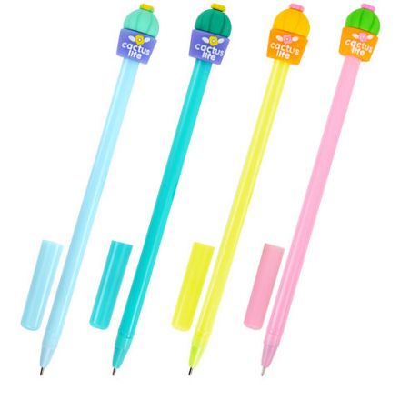 Ручка с топпером шариковая ЮНЛАНДИЯ "Кактус", корпус ассорти, СИНЯЯ, пишущий узел 0,7 мм, 143800