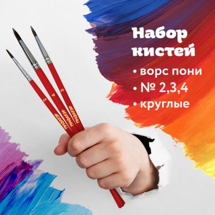 Кисти ПИФАГОР, набор 3 шт. (ПОНИ: круглые № 2, 3, 4), пакет с европодвесом, 200227 Кисти ПИФАГОР, набор 3 шт. (ПОНИ: круглые № 2, 3, 4), пакет с европодвесом, 200227