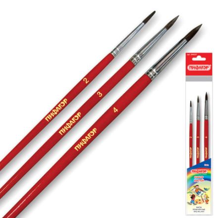 Кисти ПИФАГОР, набор 3 шт. (ПОНИ: круглые № 2, 3, 4), пакет с европодвесом, 200227 Кисти ПИФАГОР, набор 3 шт. (ПОНИ: круглые № 2, 3, 4), пакет с европодвесом, 200227