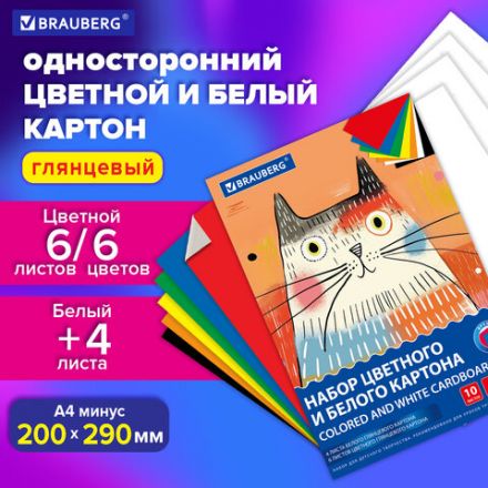 Набор картона БЕЛЫЙ + ЦВЕТНОЙ А4 мелованный, 10 листов (белый 4 листа + цветной 6 листов), в папке, BRAUBERG, 116630