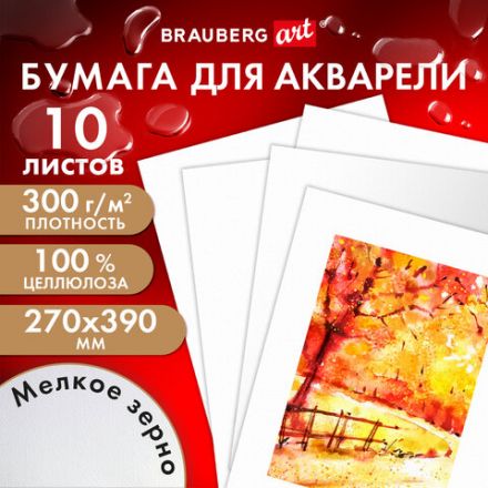 Бумага для акварели 300 г, 270x390 мм, мелкое зерно, 10 листов, BRAUBERG ART PREMIERE, 115334 Бумага для акварели 300 г, 270x390 мм, мелкое зерно, 10 листов, BRAUBERG ART PREMIERE, 115334