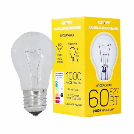 Электрическая лампа СТАРТ стандартная/прозрачная 60W E27 Электрическая лампа СТАРТ стандартная/прозрачная 60W E27