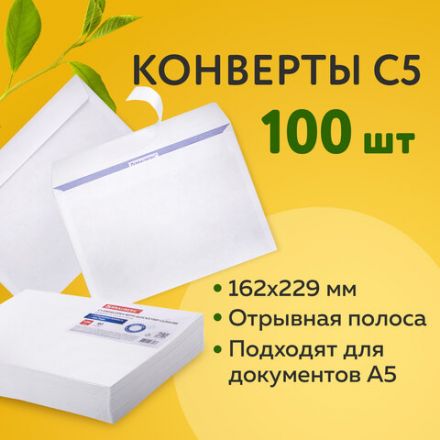 Конверты С5 (162х229 мм), отрывная лента, внутренняя запечатка, 80 г/м2, КОМПЛЕКТ 100 шт., BRAUBERG, 112187